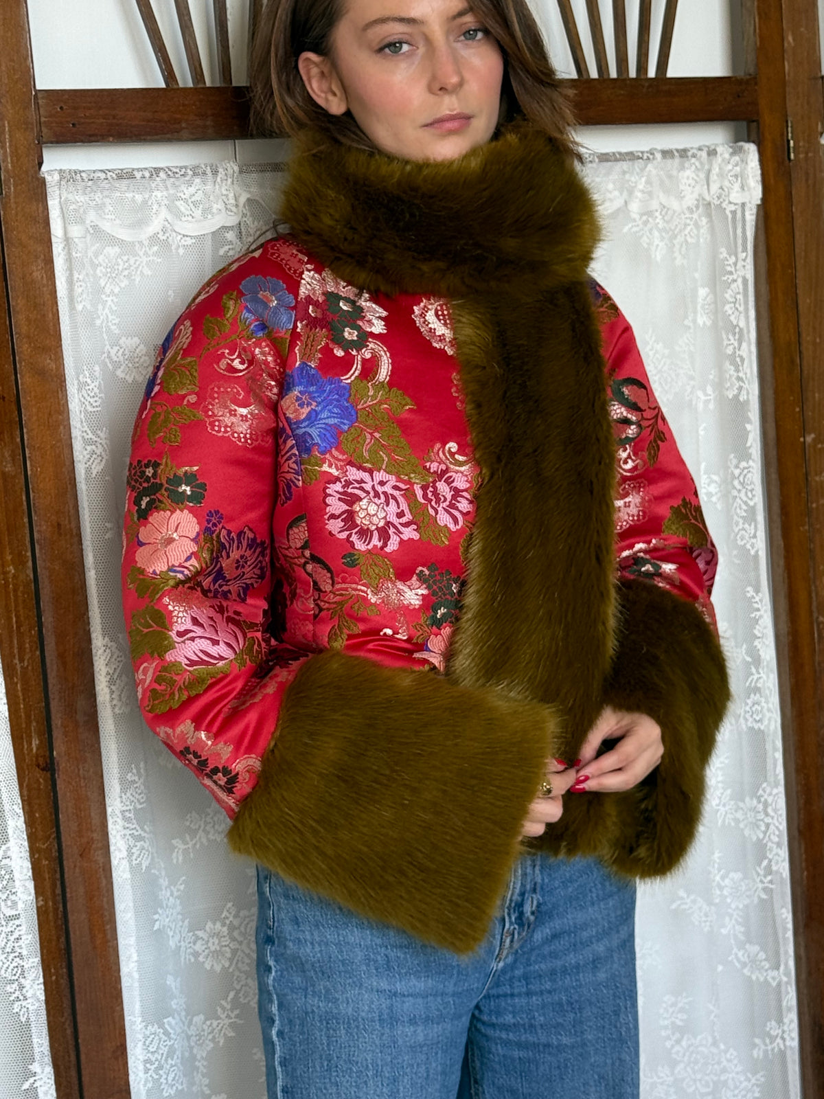 coral green brocade